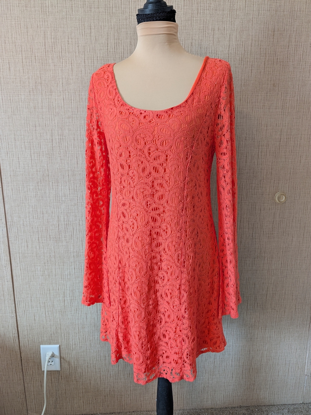 Umgee Coral Crochet Lace Long Flair Sleeve Scoop Dress
